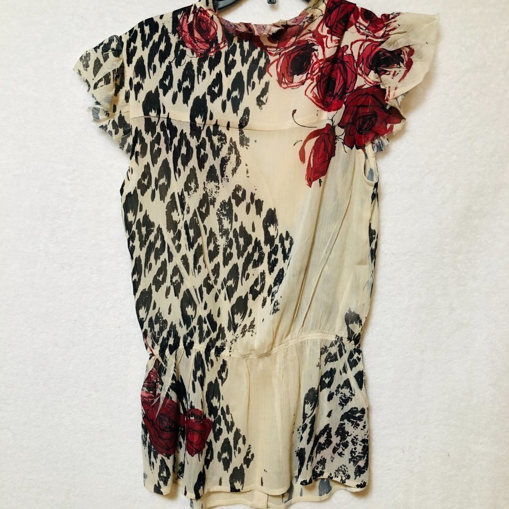 Jonathan Martin Floral and Cheetah Sheer Ruffle Button Down Blouse Size Small - Picture 5 of 7